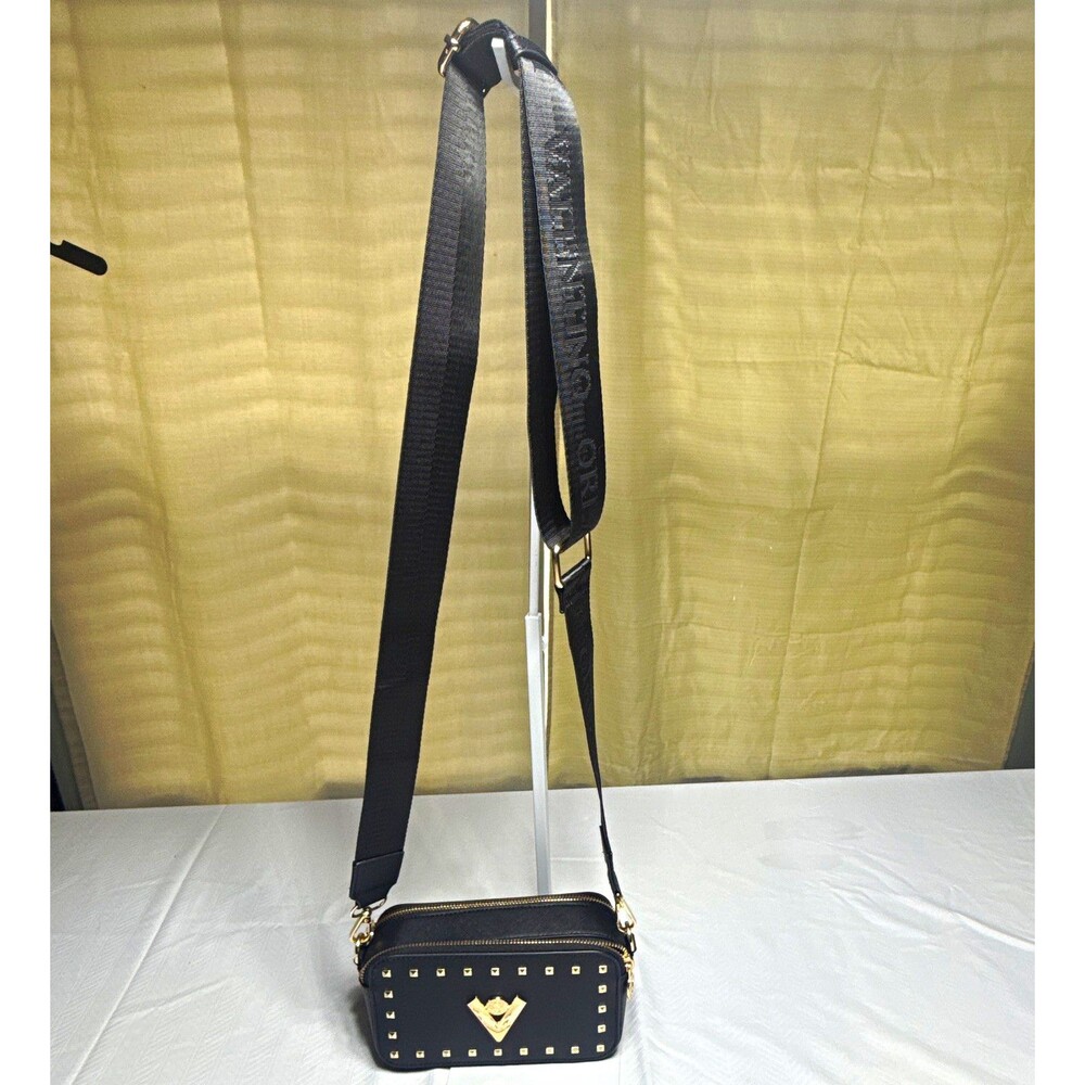 Orlandi Valentino Black Studded Logo Small Crossbody Zip Bag Detachable Strap